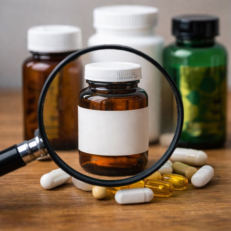 Close-up of Supplement with magnifying glass