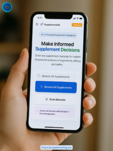 A hand holding a phone and the app page appears